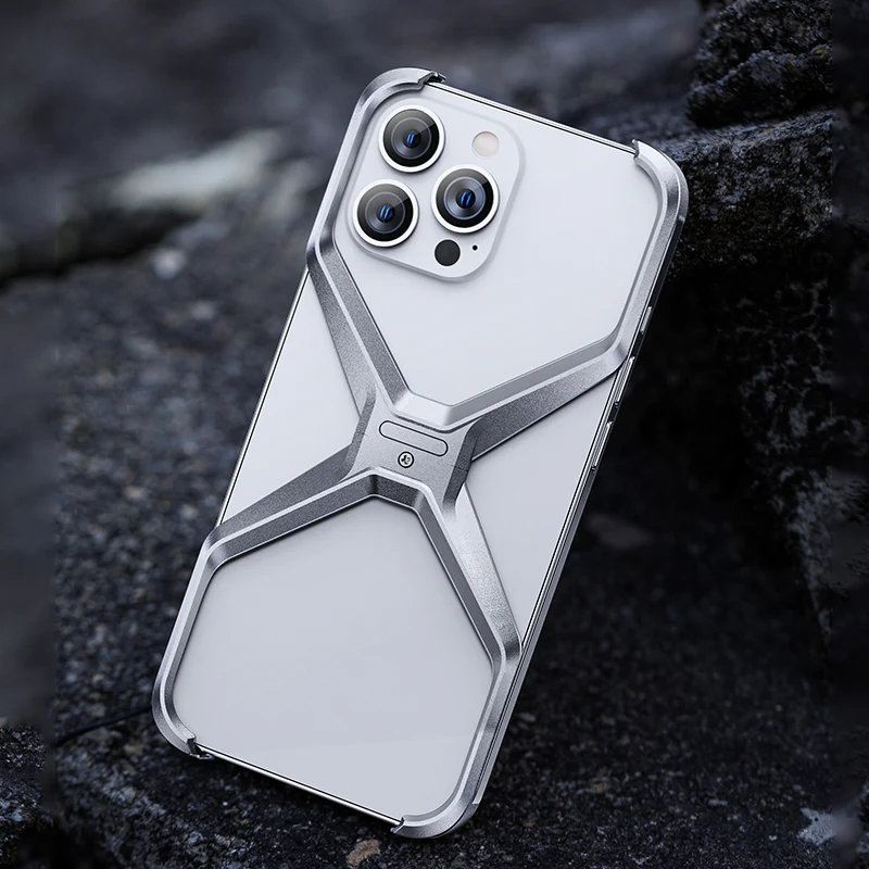 iPhone 15 Pro Max Super Slim Metal Luxury Aluminum Frameless X-Shaped Case - Silver